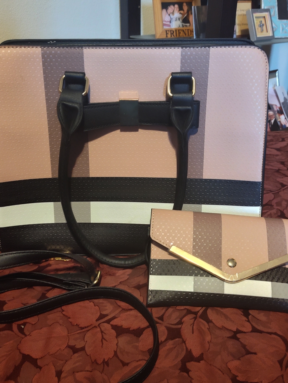 Striped Pink & Black Tote and Wallet Set - Women Bags